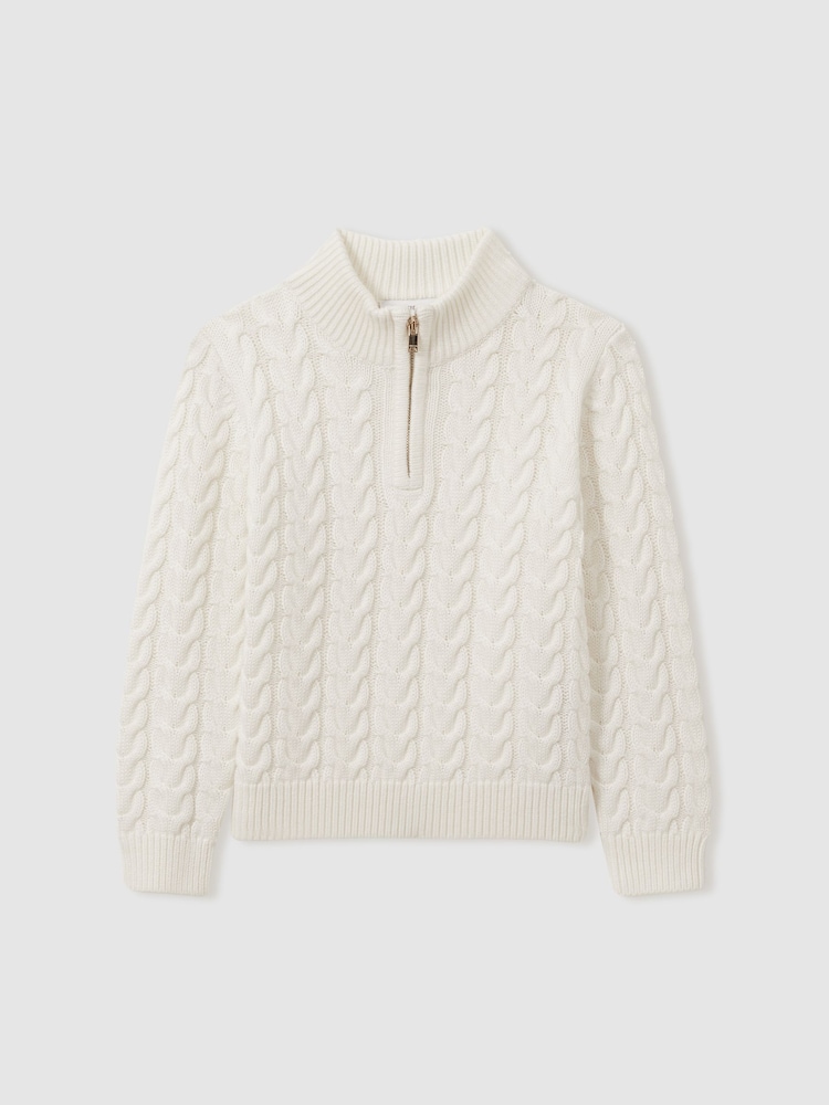 Reiss Off White Tamworth Senior Cabled Knitted Quarter Zip Jumper with Cotton and Wool - Image 2 of 5