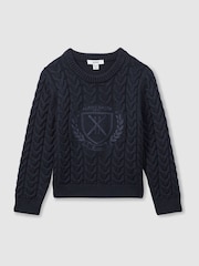 Reiss Navy Victor 3-9 yrs Logo-Embroidered Cabled Jumper with Cotton and Wool - Image 2 of 4
