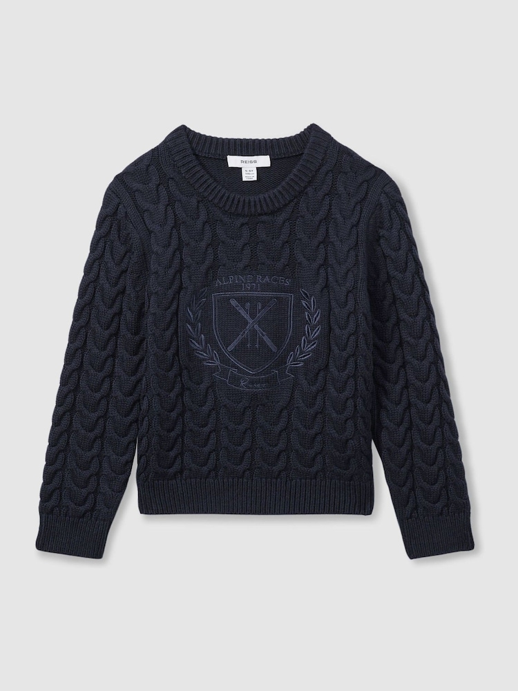 Reiss Navy Victor 3-9 yrs Logo-Embroidered Cabled Jumper with Cotton and Wool - Image 2 of 4