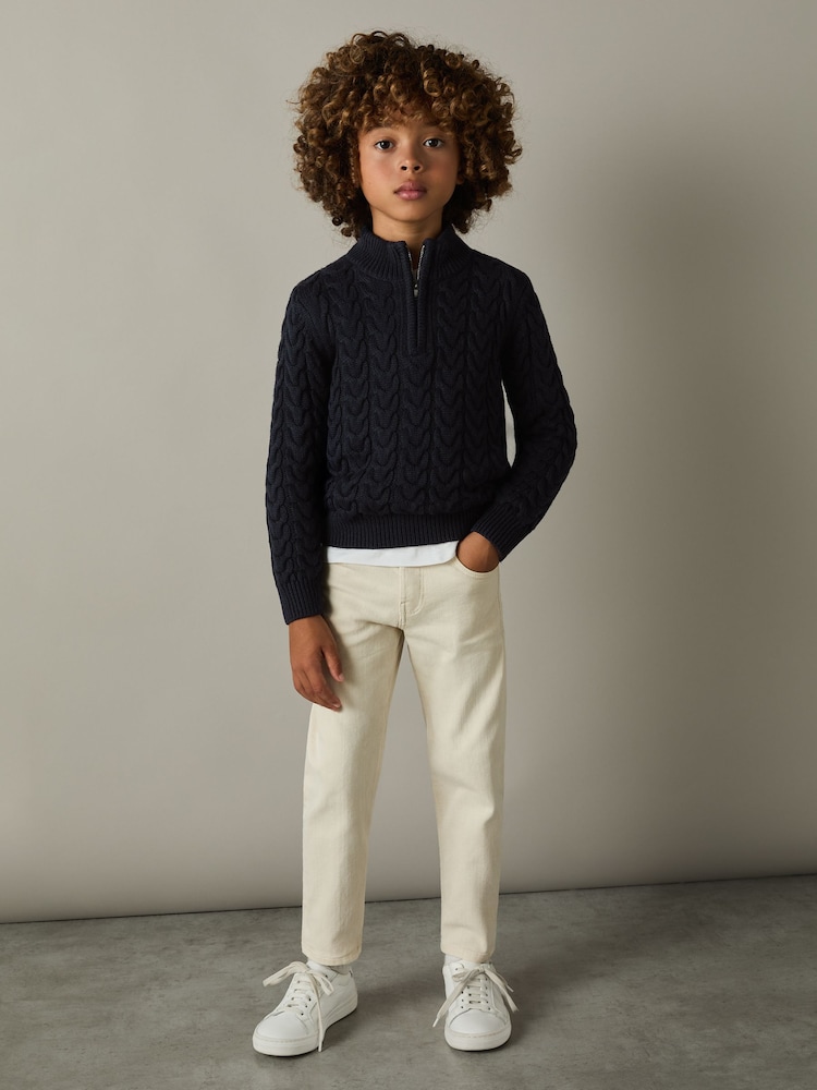 Reiss Navy Tamworth Senior Cabled Knitted Quarter Zip Jumper with Cotton and Wool - Image 1 of 5
