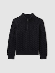 Reiss Navy Tamworth Senior Cabled Knitted Quarter Zip Jumper with Cotton and Wool - Image 2 of 5