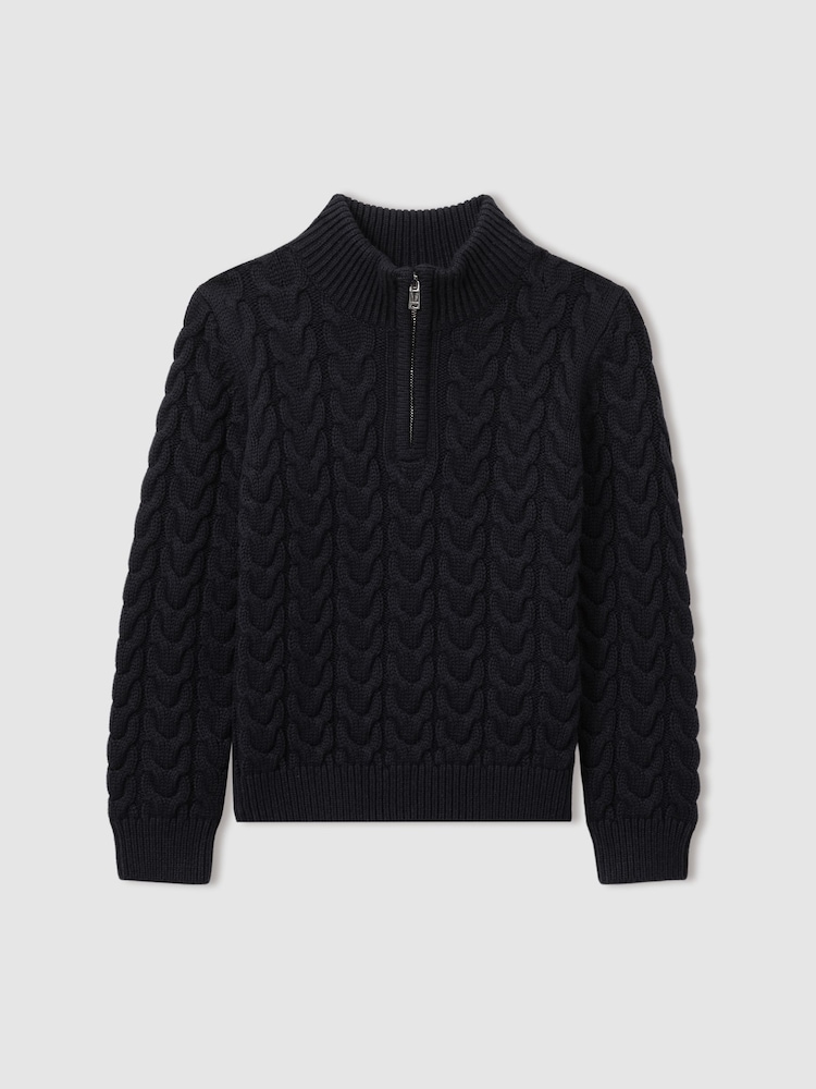 Reiss Navy Tamworth Senior Cabled Knitted Quarter Zip Jumper with Cotton and Wool - Image 2 of 5