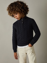Reiss Navy Tamworth Senior Cabled Knitted Quarter Zip Jumper with Cotton and Wool - Image 3 of 5