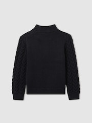 Reiss Navy Tamworth Senior Cabled Knitted Quarter Zip Jumper with Cotton and Wool - Image 4 of 5