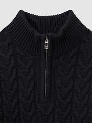 Reiss Navy Tamworth Senior Cabled Knitted Quarter Zip Jumper with Cotton and Wool - Image 5 of 5