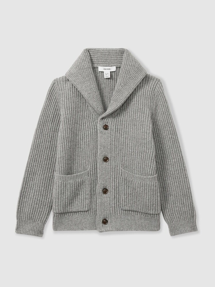 Reiss Grey Melange Nimbus 3-9 yrs Ribbed Shawl Cardigan With Merino Wool - Image 2 of 4