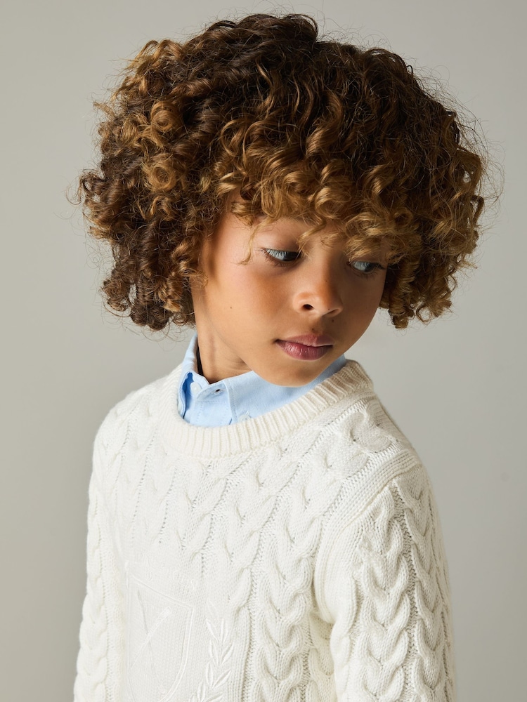 Reiss Off White Victor 9-13 yrs Logo-Embroidered Cabled Jumper with Cotton and Wool - Image 1 of 4