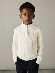 Reiss Off White Tamworth Junior Cabled Knitted Quarter Zip Jumper with Cotton and Wool - Image 1 of 5