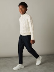 Reiss Off White Tamworth Junior Cabled Knitted Quarter Zip Jumper with Cotton and Wool - Image 3 of 5