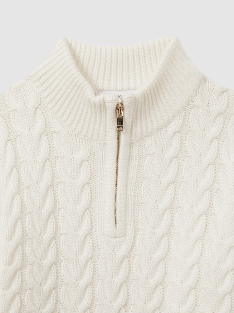 Reiss Off White Tamworth Junior Cabled Knitted Quarter Zip Jumper with Cotton and Wool - Image 5 of 5 Reiss Off White Tamworth Junior Cabled Knitted Quarter Zip Jumper with Cotton and Wool - Image 5 of 5