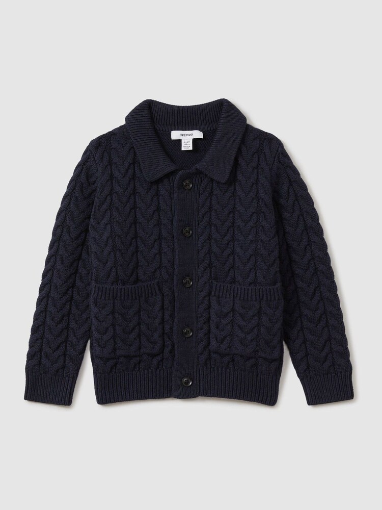 Reiss Navy Fleet 3-9 yrs Cable-Knit Cardigan - Image 2 of 4 Reiss Navy Fleet 3-9 yrs Cable-Knit Cardigan - Image 2 of 4