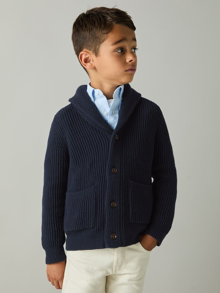 Reiss Navy Nimbus 9-13 yrs Ribbed Shawl Cardigan With Merino Wool - Image 1 of 4
