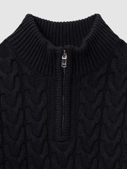 Bleumarin - Pulover tricotat cu fermoar scurt Reiss Tamworth cu model cablu, din bumbac și lână - Imaginea 5 din 5
