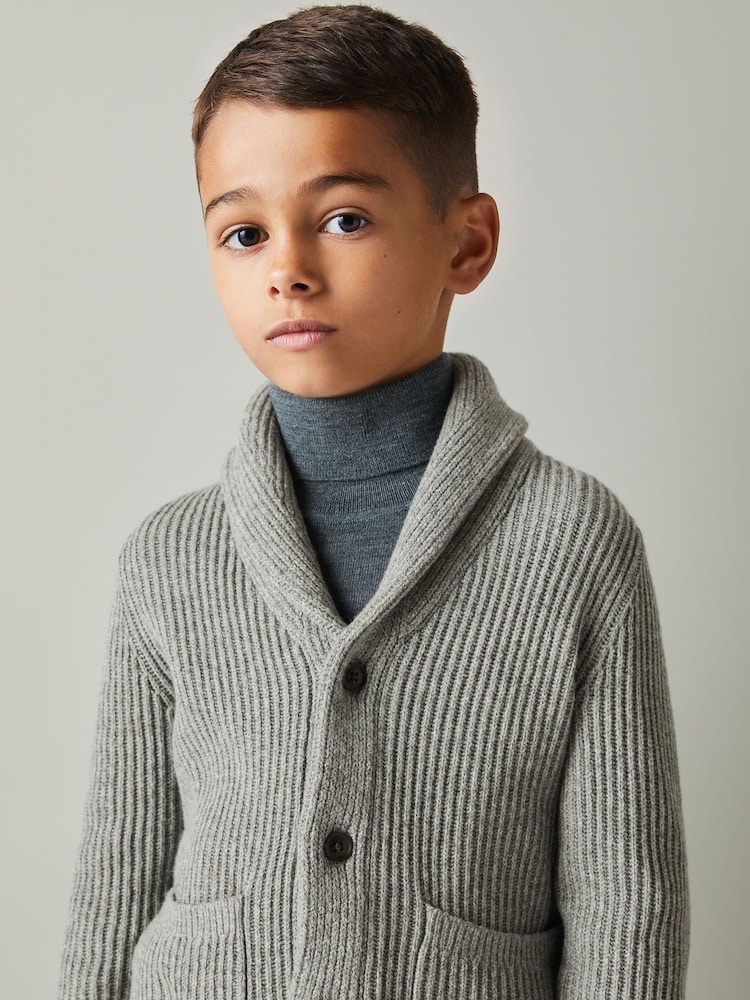 Reiss Grey Melange Nimbus 9-13 yrs Ribbed Shawl Cardigan With Merino Wool - Image 1 of 4