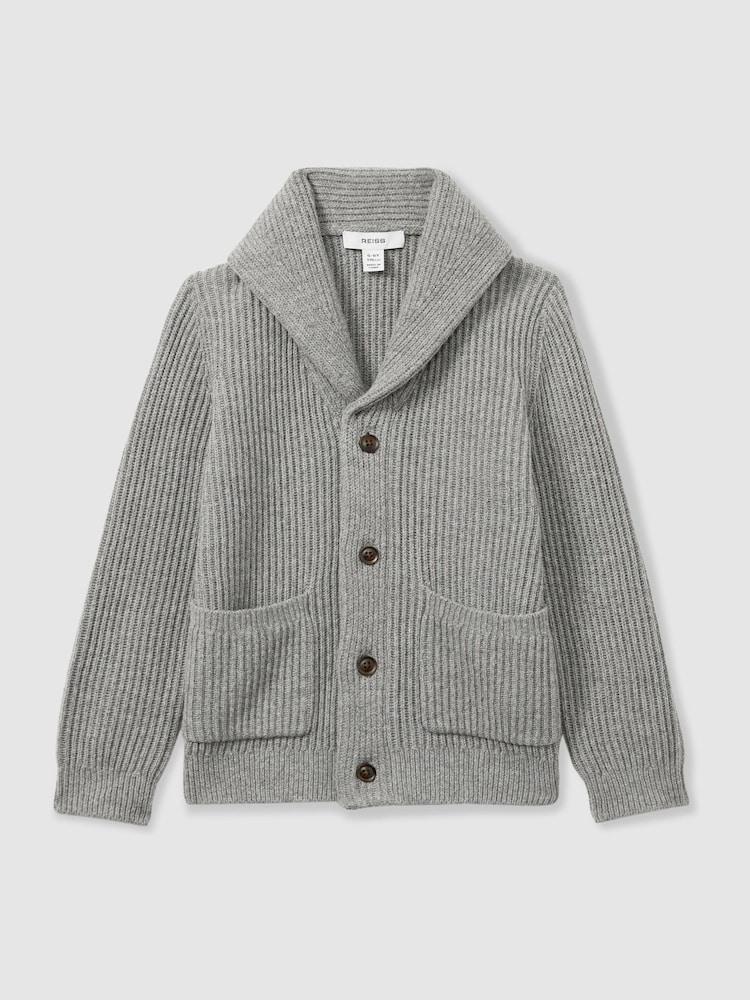 Reiss Grey Melange Nimbus 9-13 yrs Ribbed Shawl Cardigan With Merino Wool - Image 2 of 4