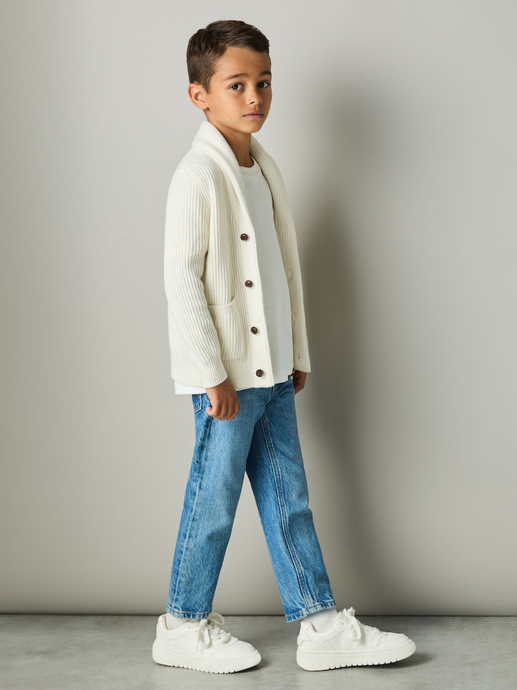 Reiss Off White Nimbus 3-9 yrs Ribbed Shawl Cardigan With Merino Wool - Image 1 of 4