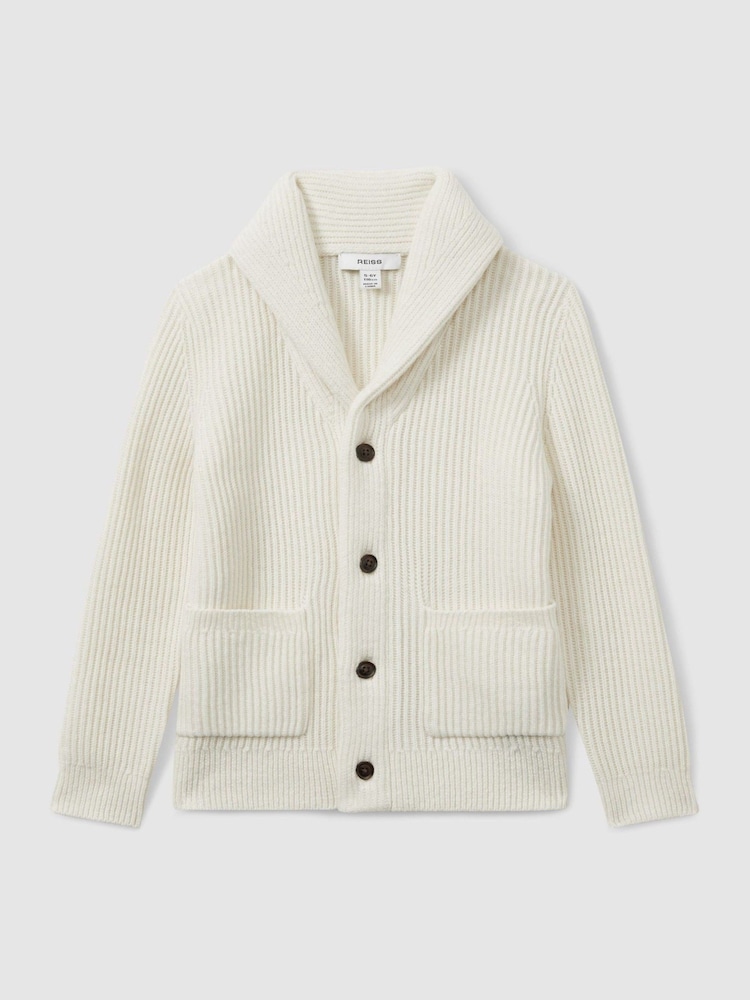 Reiss Off White Nimbus 3-9 yrs Ribbed Shawl Cardigan With Merino Wool - Image 2 of 4