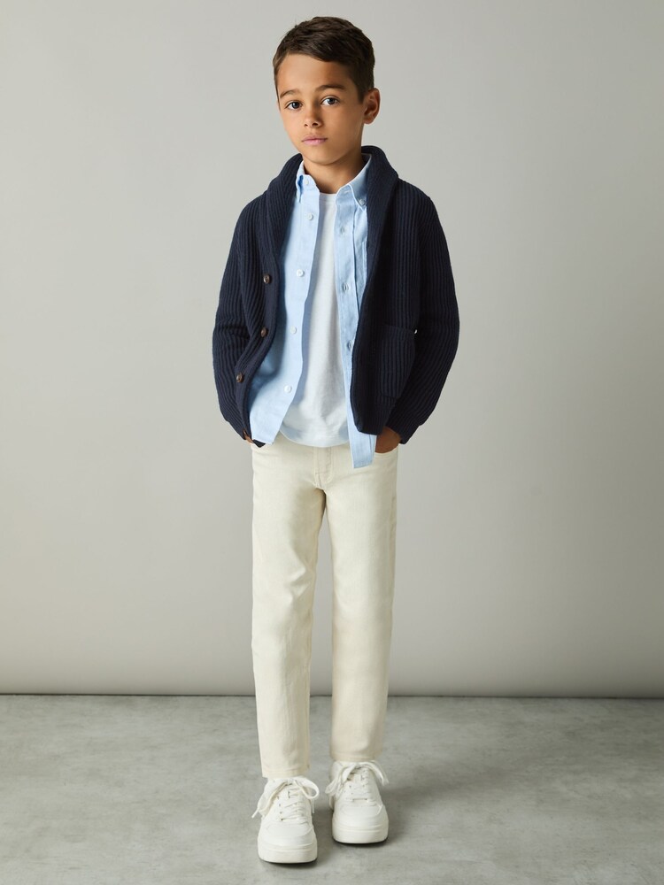Reiss Navy Nimbus 3-9 yrs Ribbed Shawl Cardigan With Merino Wool - Image 1 of 4