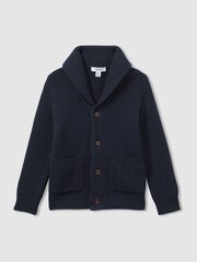 Reiss Navy Nimbus 3-9 yrs Ribbed Shawl Cardigan With Merino Wool - Image 2 of 4