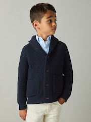 Reiss Navy Nimbus 3-9 yrs Ribbed Shawl Cardigan With Merino Wool - Image 3 of 4
