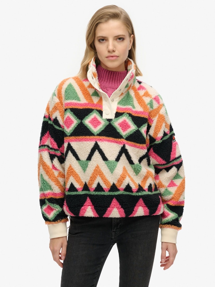 Superdry White Pink Supersoft Printed Henley 100% Cotton Sweatshirt - Image 1 of 6