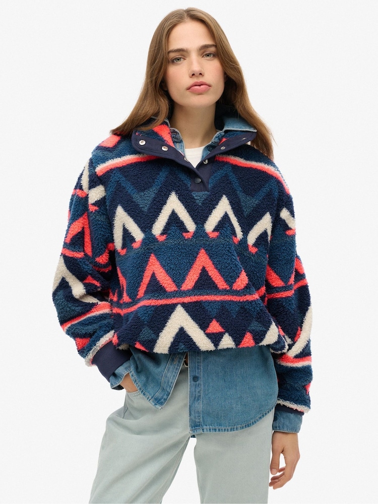 Superdry Blue Pink Supersoft Printed Henley 100% Cotton Sweatshirt - Image 1 of 7 Superdry Blue Pink Supersoft Printed Henley 100% Cotton Sweatshirt - Image 1 of 7
