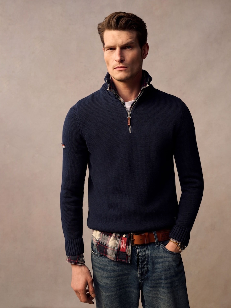 Superdry Blue 100% Cotton Classics Knit Henley Jumper - Image 1 of 9