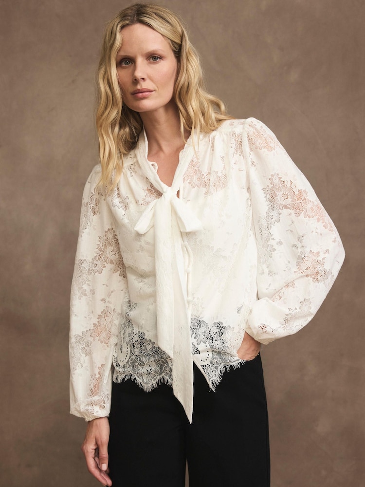 Mint Velvet White Lace Pussybow Blouse - Image 1 of 8