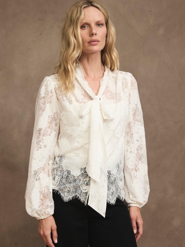 Mint Velvet White Lace Pussybow Blouse - Image 2 of 8
