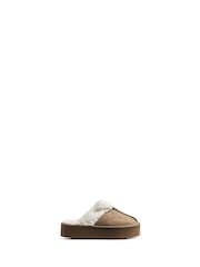 PIECES Brown Faux Suede Fluffy Mule Slippers - Image 1 of 2