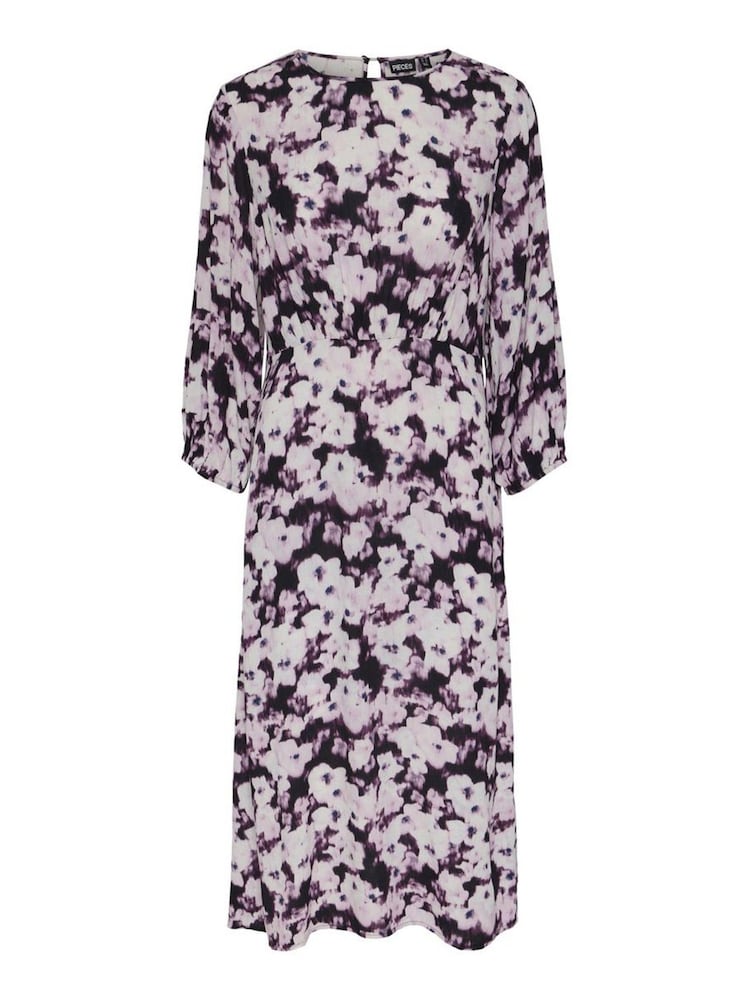 PIECES Purple Floral Long Sleeve Midi Dress - Image 1 of 2 PIECES Purple Floral Long Sleeve Midi Dress - Image 1 of 2