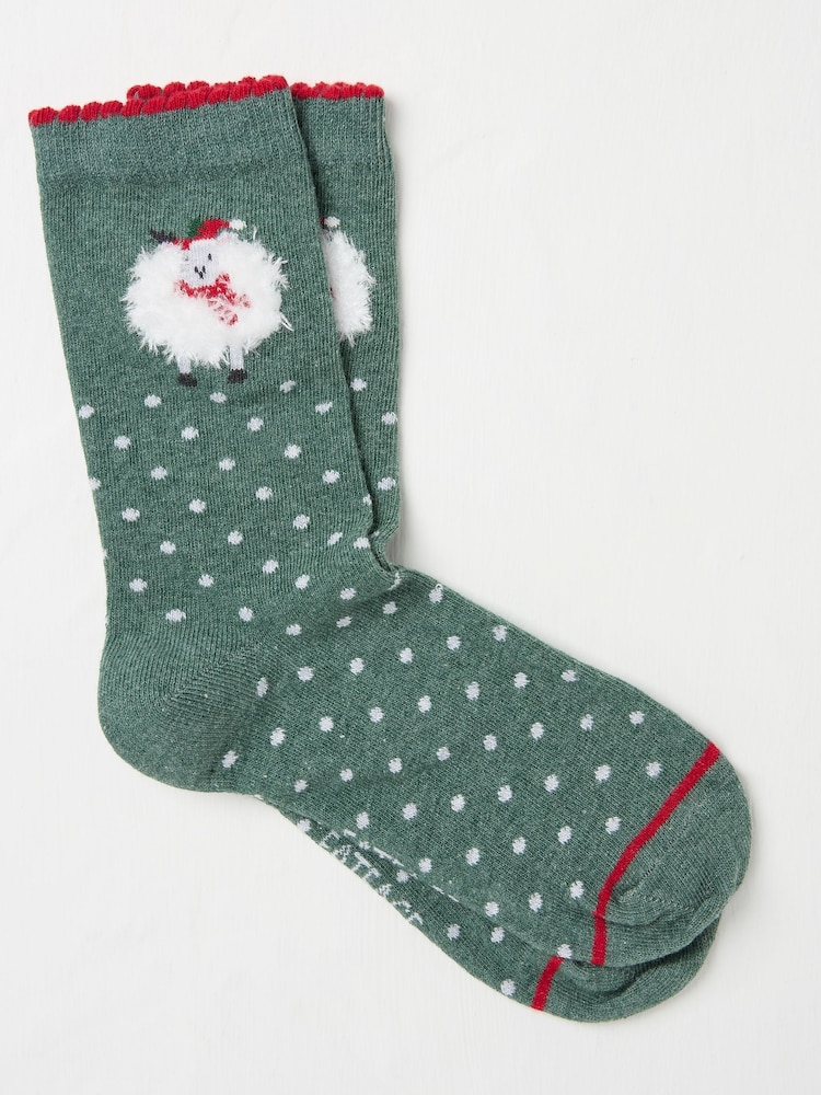 FatFace Green Womens Festive Fluffy Sheep Socks 1 Pack - Image 1 of 2