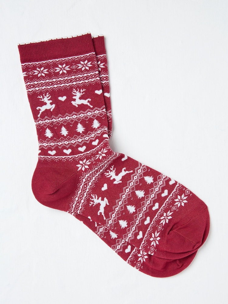 FatFace Red Womens Reindeer Fairisle Pattern Socks 1 Pack - Image 1 of 2