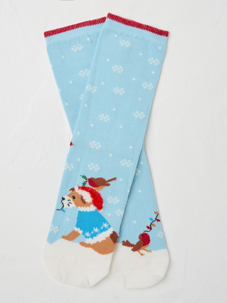 FatFace Blue Womens Dog and Robin Socks 1 Pack - Image 1 of 2 FatFace Blue Womens Dog and Robin Socks 1 Pack - Image 1 of 2