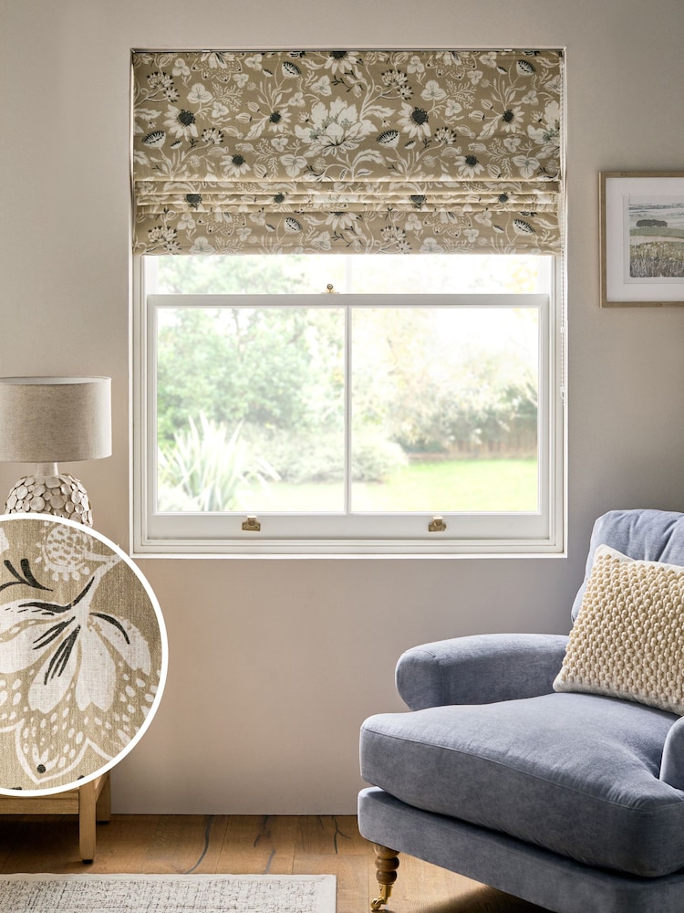 Dark Natural Ready Made Blackout Roman Blind Woodblock Floral Print - Image 1 of 9