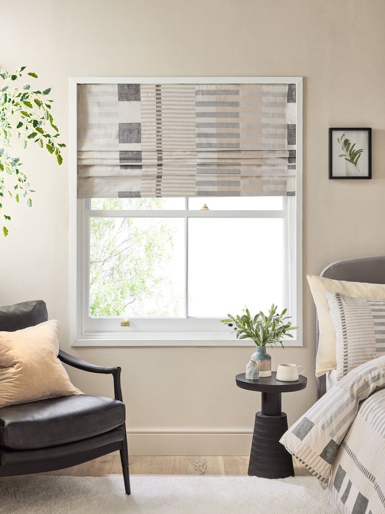 Grey/Natural Ready Made Blackout/Thermal Stripe Geometric Roman Blind - Image 1 of 9
