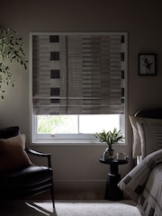 Grey/Natural Ready Made Blackout/Thermal Stripe Geometric Roman Blind - Image 3 of 9