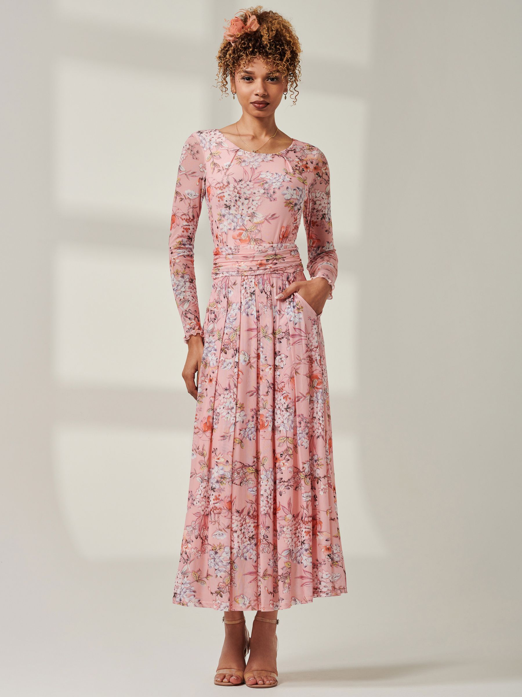 Pink floral long sleeve maxi dress best sale