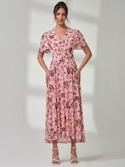 Jolie Moi Pink Gracelyn Wrap Front Mesh Maxi Dress - Image 1 of 7