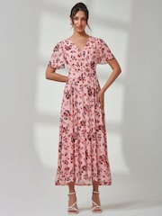 Jolie Moi Pink Gracelyn Wrap Front Mesh Maxi Dress - Image 4 of 7