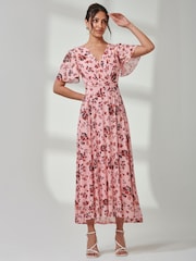 Jolie Moi Pink Gracelyn Wrap Front Mesh Maxi Dress - Image 6 of 7