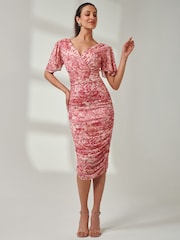Jolie Moi Pink Angel Sleeve Ruched Mesh Midi Dress - Image 1 of 7