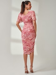 Jolie Moi Pink Angel Sleeve Ruched Mesh Midi Dress - Image 2 of 7