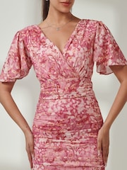 Jolie Moi Pink Angel Sleeve Ruched Mesh Midi Dress - Image 3 of 7