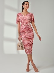 Jolie Moi Pink Angel Sleeve Ruched Mesh Midi Dress - Image 4 of 7