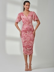 Jolie Moi Pink Angel Sleeve Ruched Mesh Midi Dress - Image 5 of 7
