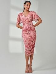 Jolie Moi Pink Angel Sleeve Ruched Mesh Midi Dress - Image 6 of 7