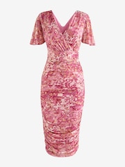 Jolie Moi Pink Angel Sleeve Ruched Mesh Midi Dress - Image 7 of 7