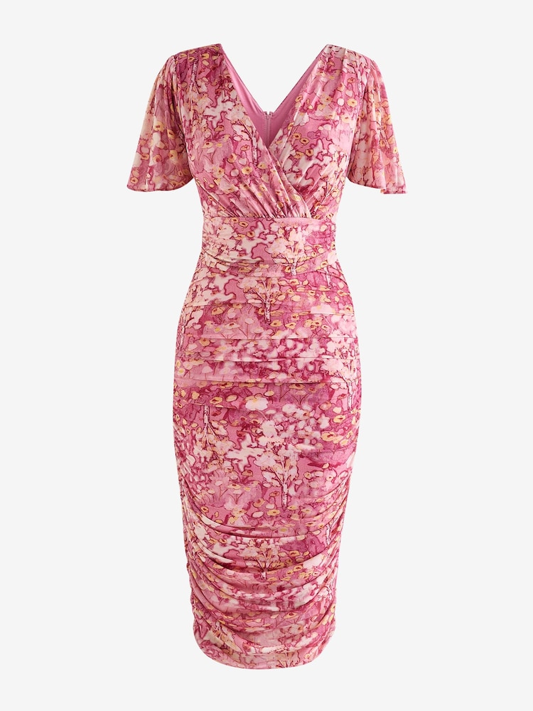 Jolie Moi Pink Angel Sleeve Ruched Mesh Midi Dress - Image 7 of 7