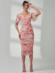 Jolie Moi Pink Wrap Front Mesh Bodycon Dress - Image 1 of 7